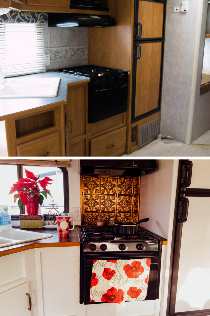 Gorgeous RV Travel Trailer water-damaged Camper Remodel transformation on the cheap! Click the photo for more photos of this amazing budget first-time tiny house owners' renovation!