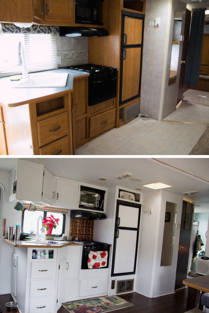 Gorgeous RV Travel Trailer water-damaged Camper Remodel transformation on the cheap! Click the photo for more photos of this amazing budget first-time tiny house owners' renovation!